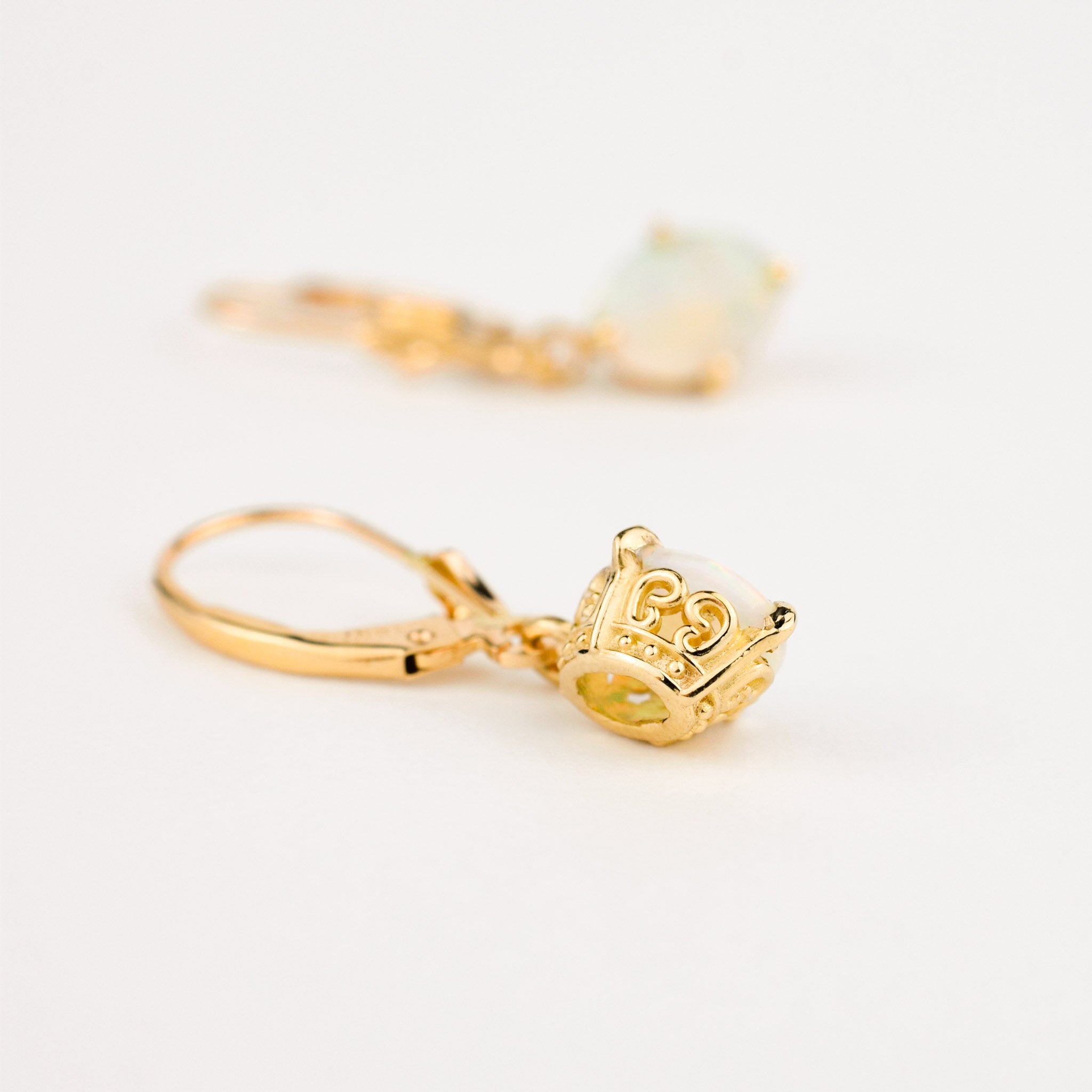 vintage gold ornate opal drop hoop earrings