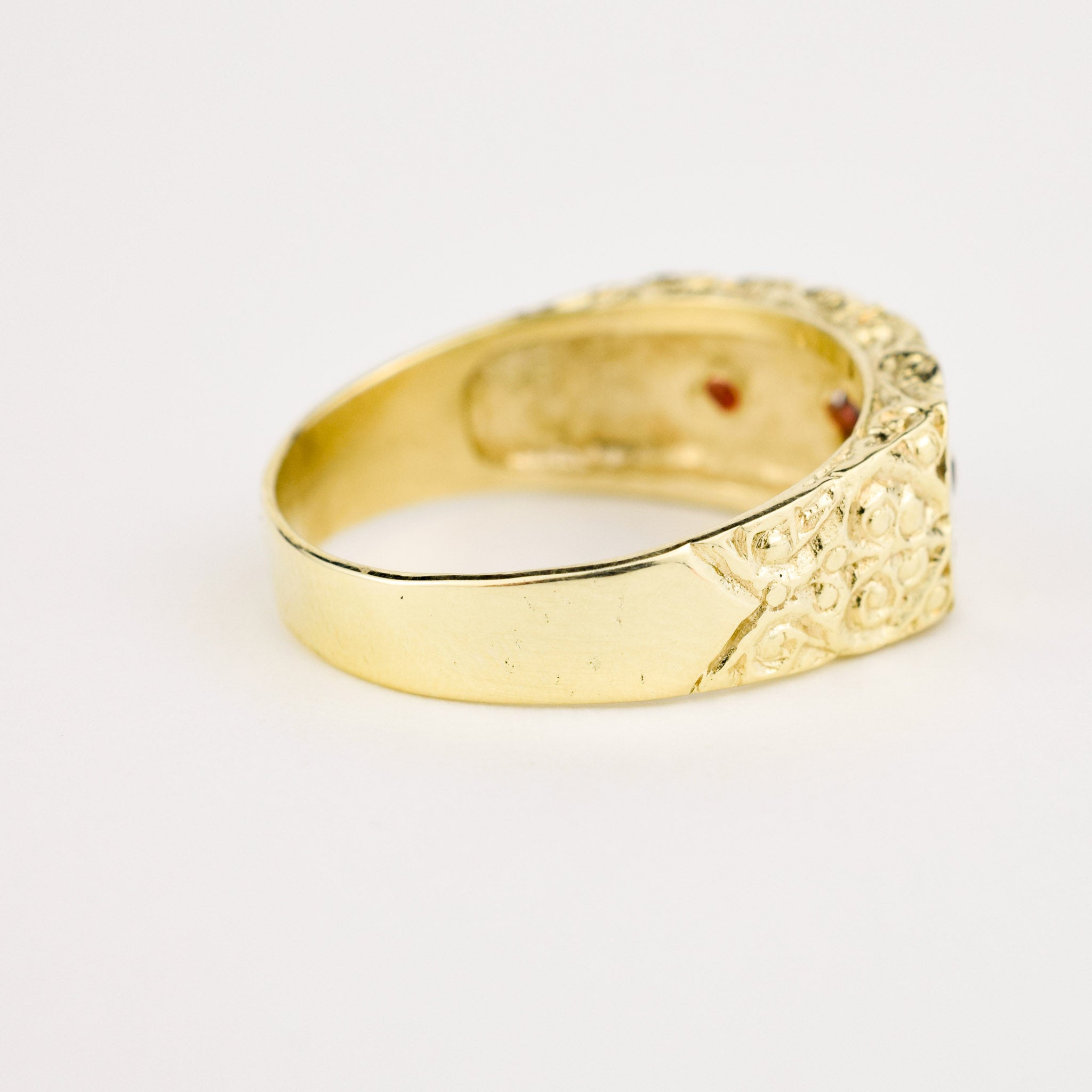vintage gold garnet trilogy ring assayed in Birmingham in 70's