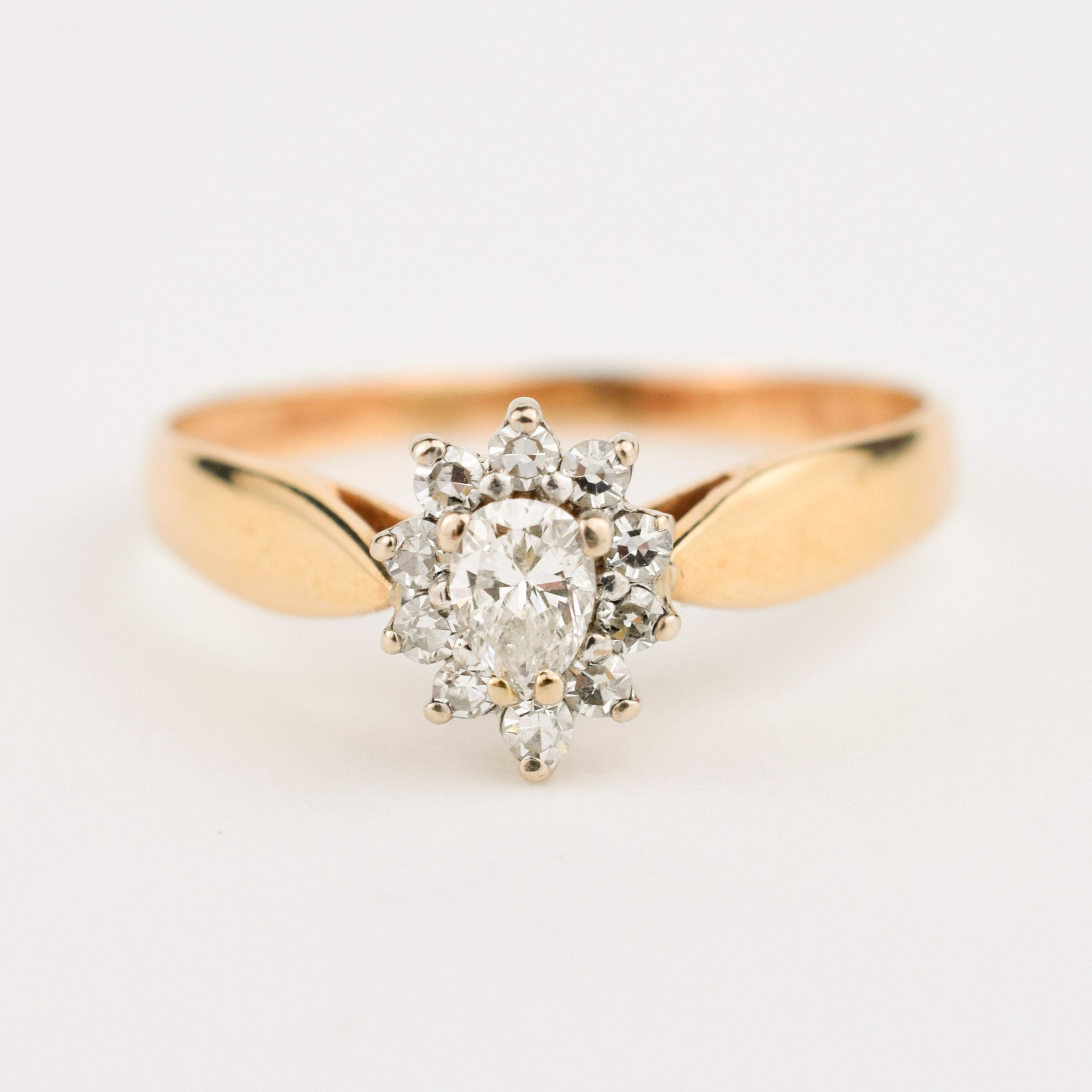 vintage Pear cut diamond halo engagement ring 