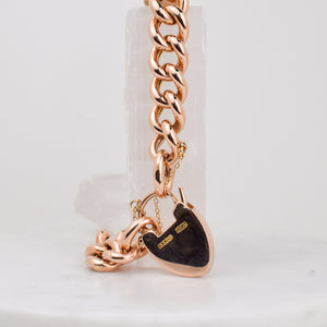 vintage heavy gold curb chain bracelet with antique heart padlock, folklor