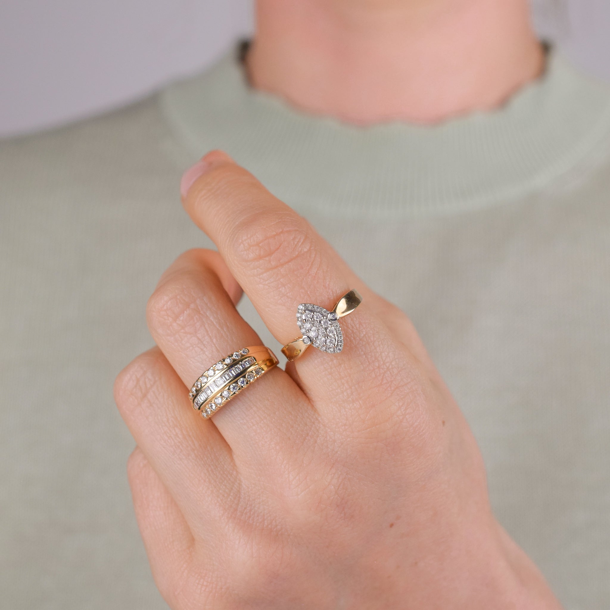vintage gold and diamond navette cluster ring, folklor