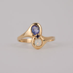 vintage gold tanzanite and opal moi et toi ring, folklor