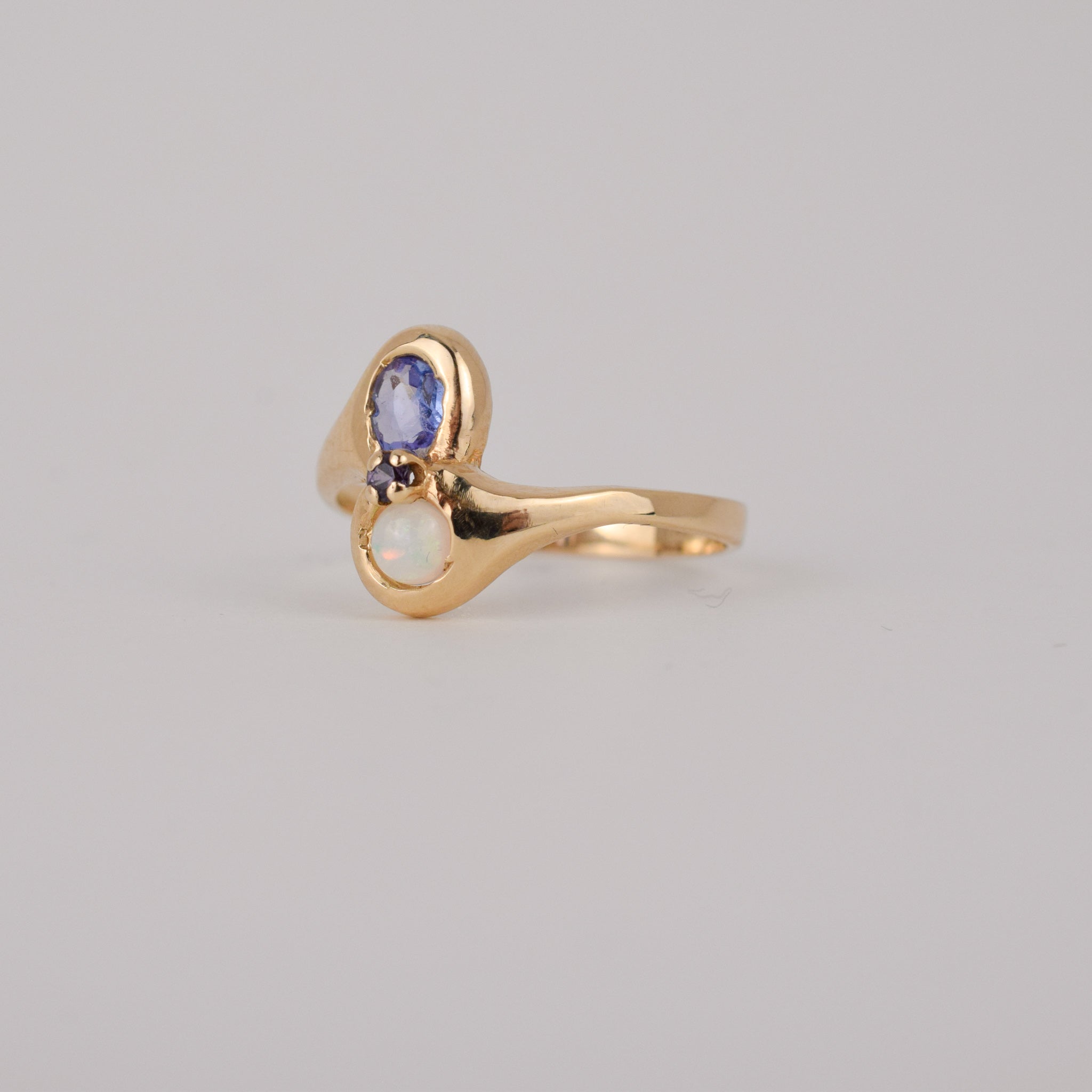 vintage gold tanzanite and opal moi et toi ring, folklor