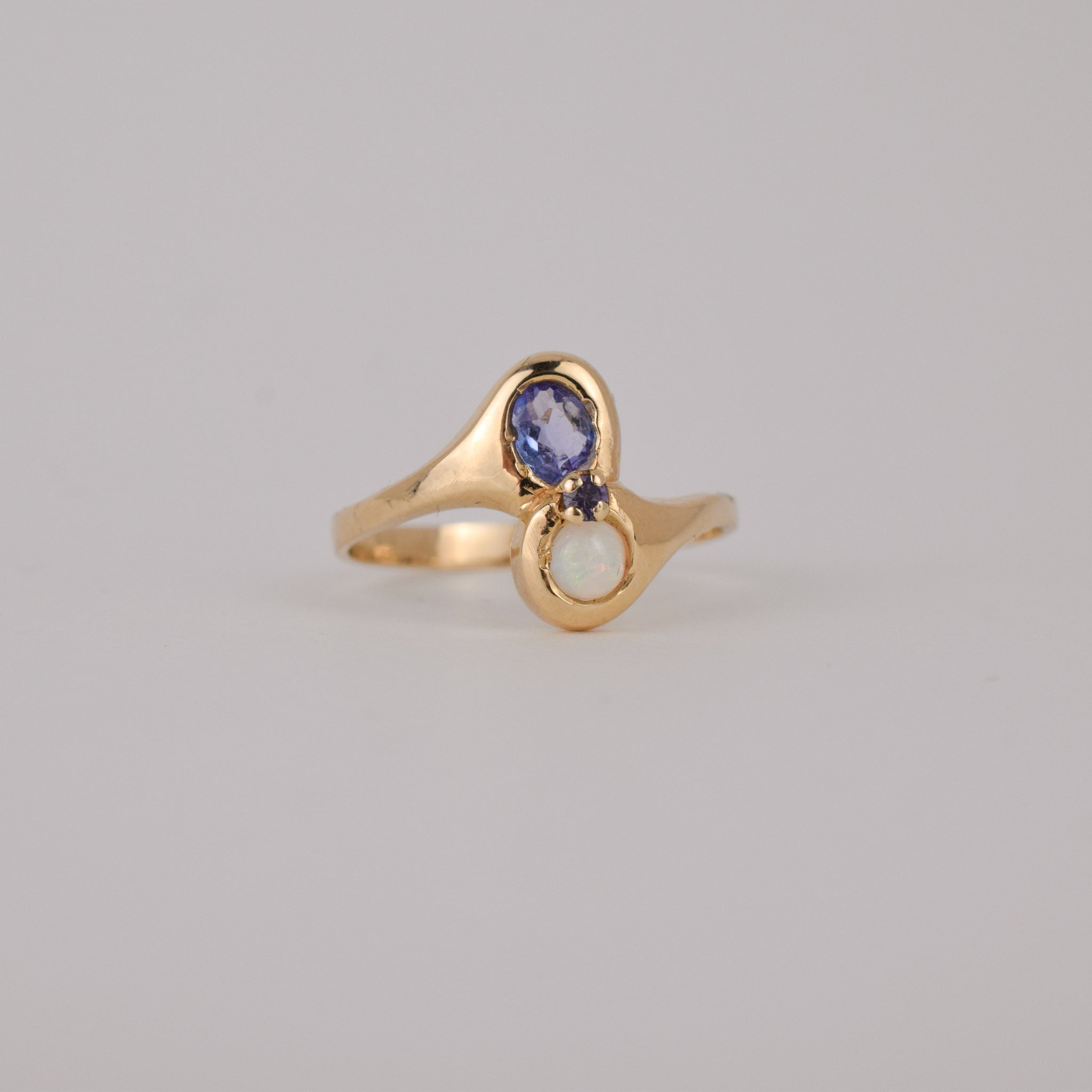 vintage gold tanzanite and opal moi et toi ring, folklor
