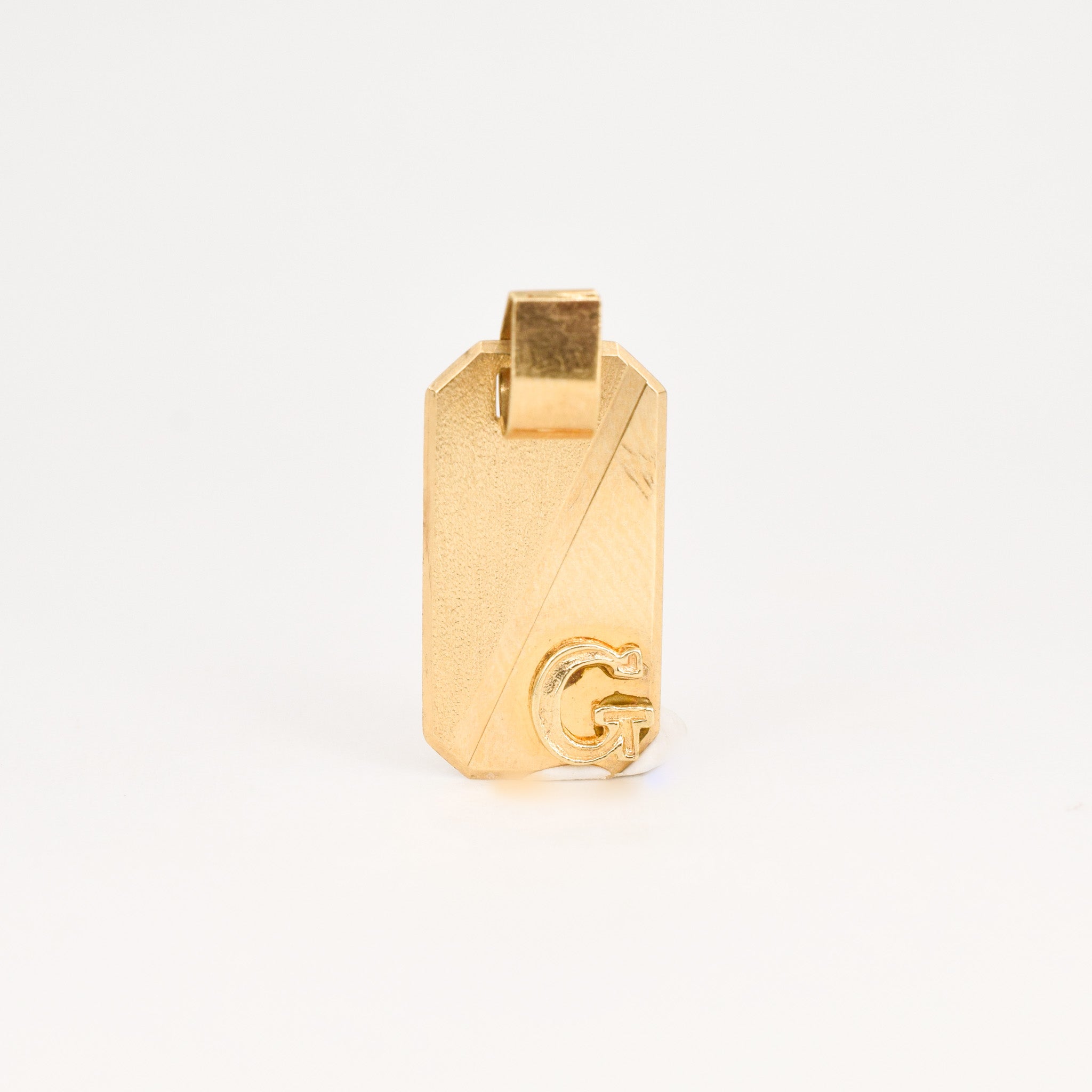 vintage gold 'g' dog tag pendant, folklor vintage jewelry canada 