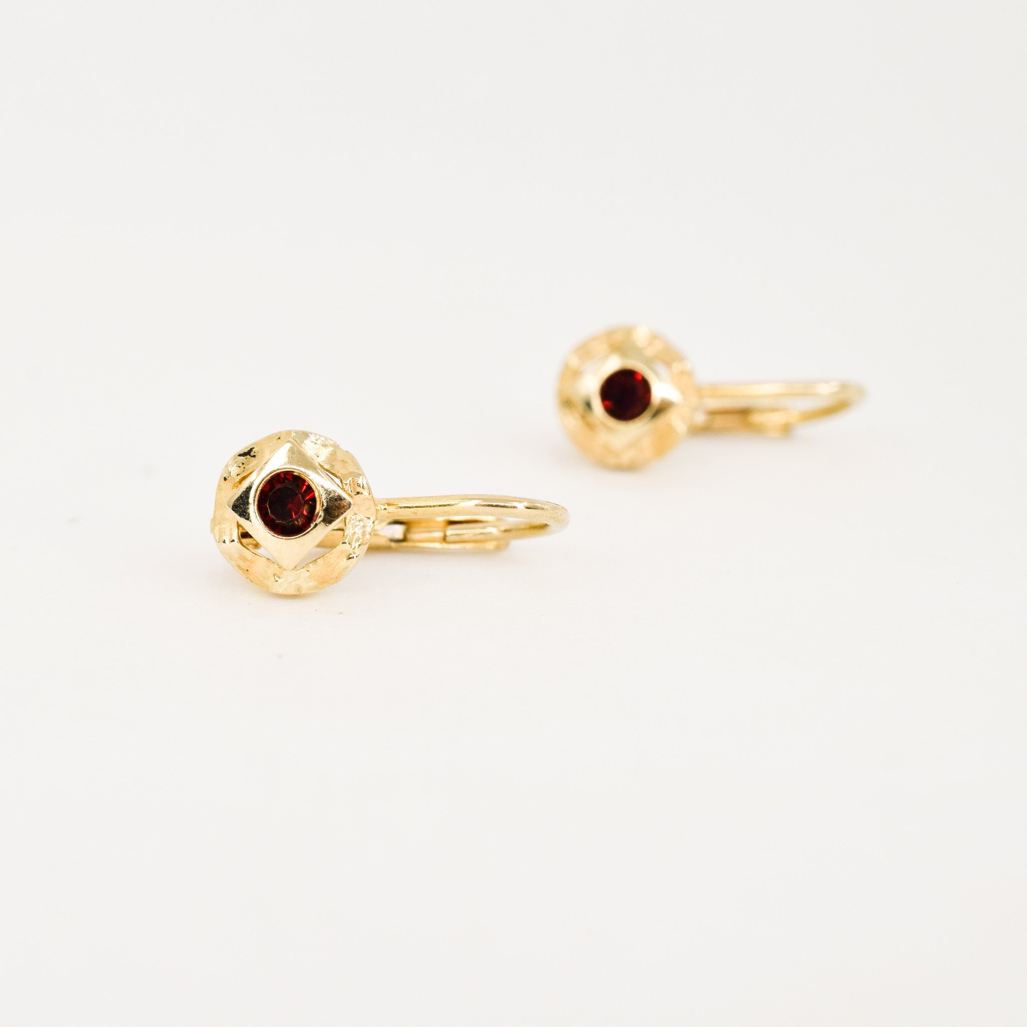 vintage gold drop hoops with red stone, folklor vintage jewelry canada