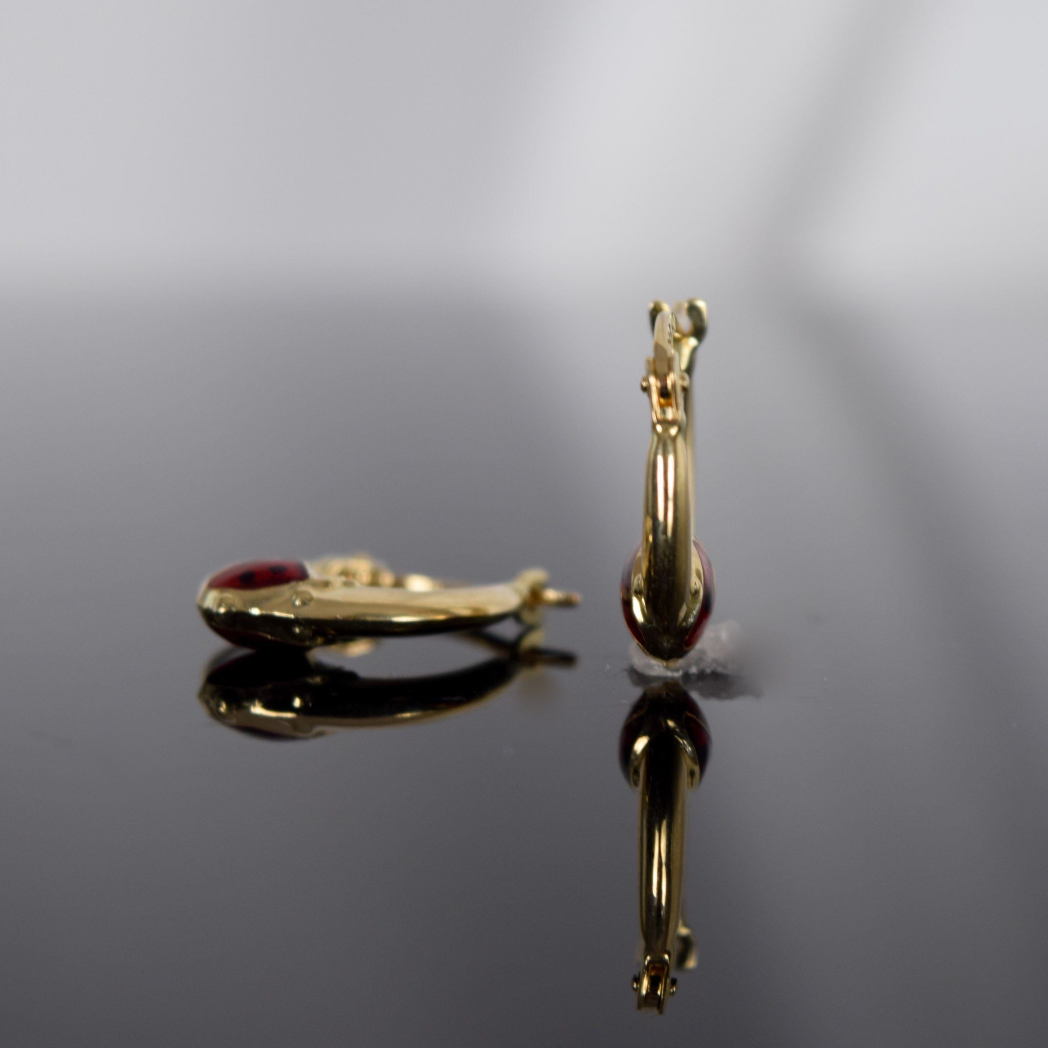 vintage 14k gold hoops with lady bugs, folklor 